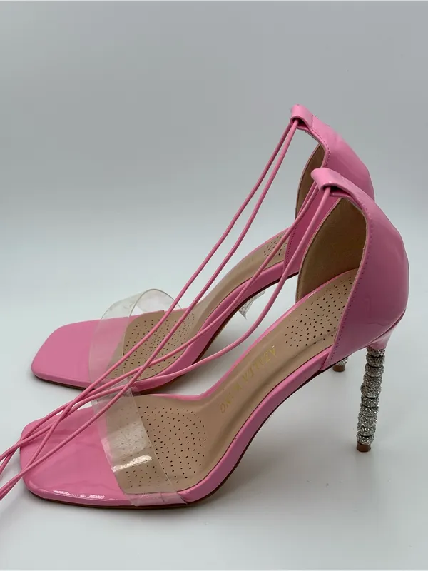 Azalea Wang Pink Lace-Up Crystal-Heel Sandals - Image 8