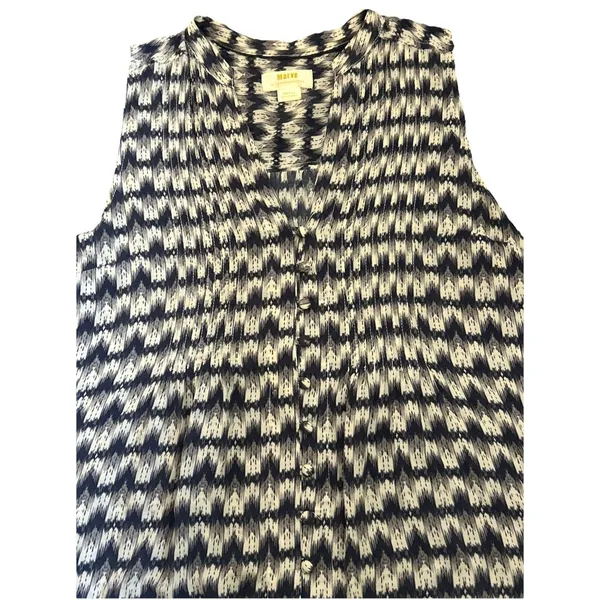 Anthropologie Maeve Ikat Print Sleeveless Tank Blouse Cream Navy Blue Sz S Boho - Image 9