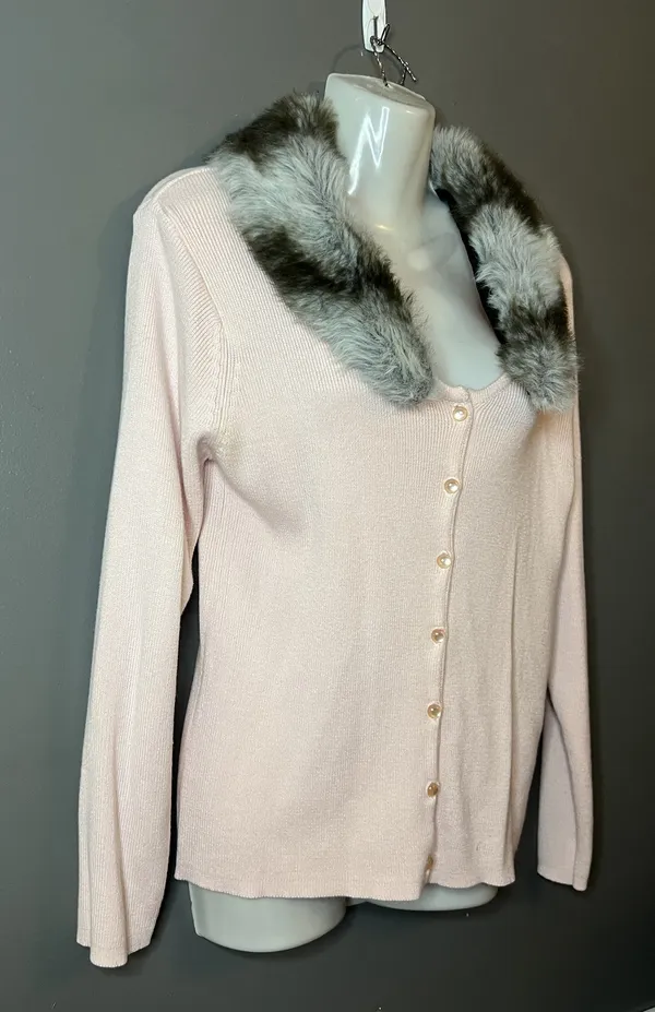 Kikit Sweater Womens Medium Faux Fur Collar Button Cardigan Removable Vintage St - Image 2