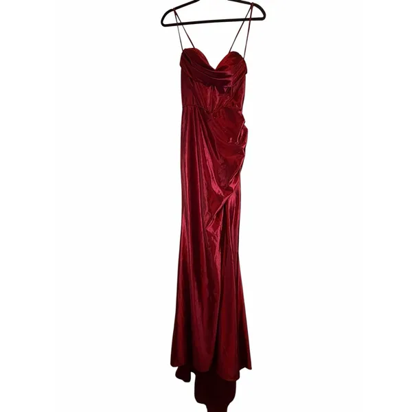 STACEES Red Satin Corset Gown Thigh-High Slit - Size 8 - Image 5