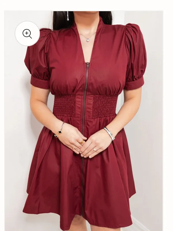 New With Tags Entro Avara Puff Sleeve Zip Front Burgundy Dress Sz S - Image 3