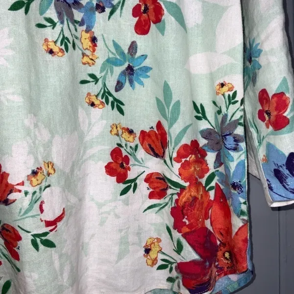 Van Heusen Mint Green & Orange Floral Linen Blend Split Neck Blouse M - Image 4