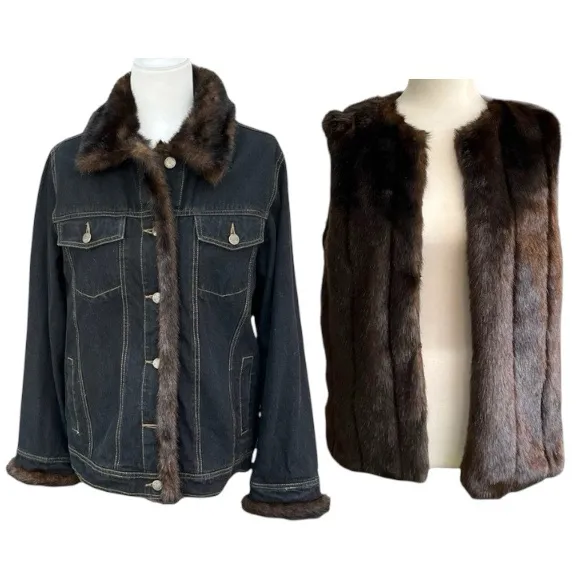 Dennis Basso 2pc Denim Jacket Faux Fur Vest Lining S - Image 2