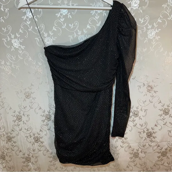 Lucy in the Sky Black Glitter Polka Dot One-Shoulder Dress Sheer Sleeve MEDIUM - Image 5