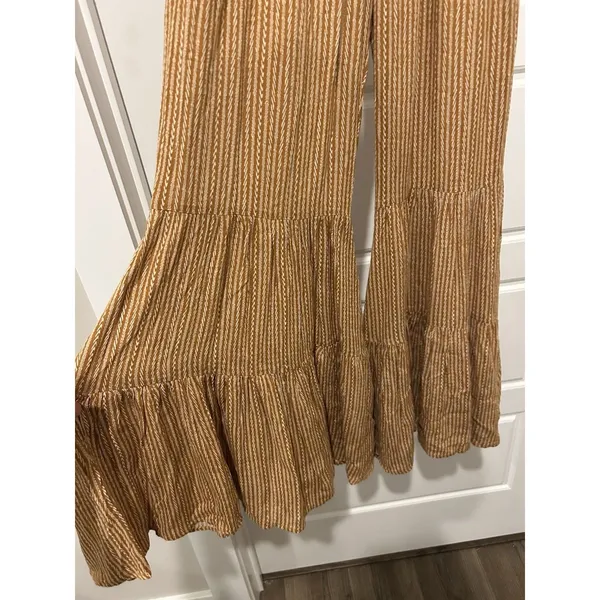 Vestique Women's Mustard Brown Striped Smocked Jumpsuit Size Small Game Day Boho - Image 3