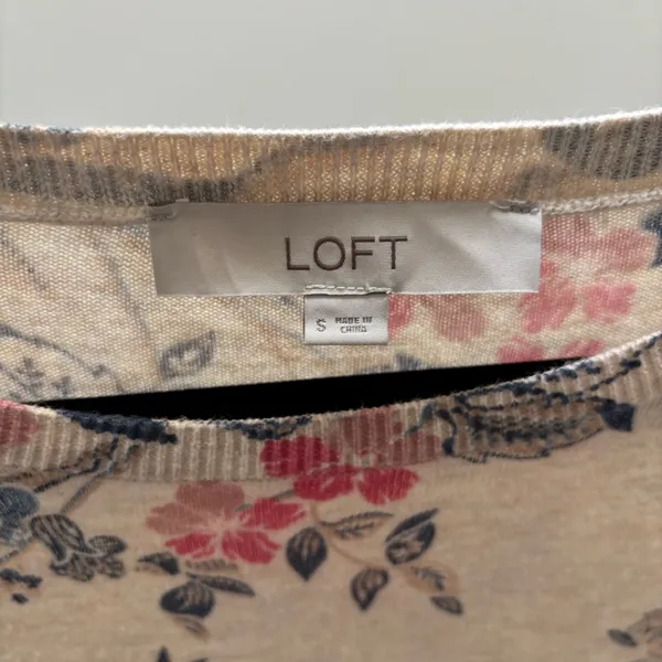 LOFT Beige Floral Print Long Sleeve Cotton Lightweight Knitted Sweater - Image 5