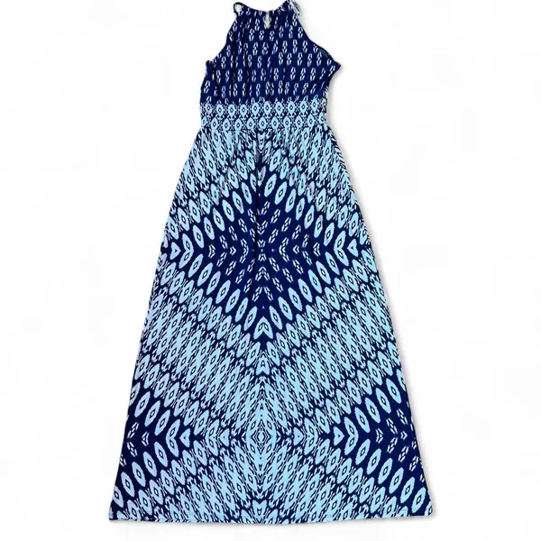 London Times Patterned Maxi Dress Wrinkle Resistant Wedding Guest Blue White Size 6 - Image 2