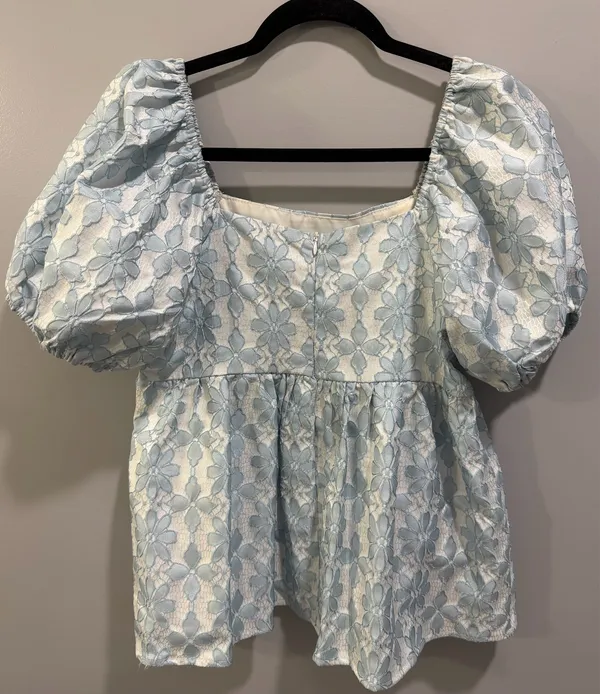 Entro Puff Sleeve Floral Lace Detail Square Neck Blouse Blue - Image 3