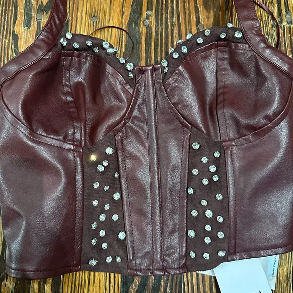 AKIRA NWT burgundy pleather Corset with Rhinestone Accents - Image 2