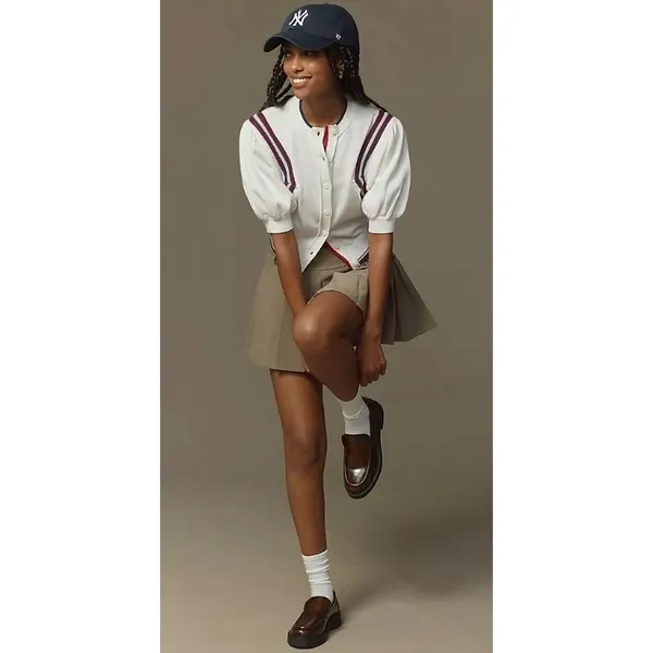 Maeve Puff Sleeve Cardigan White Inset Graphic Button Front‎ Sweater Size S - Image 3