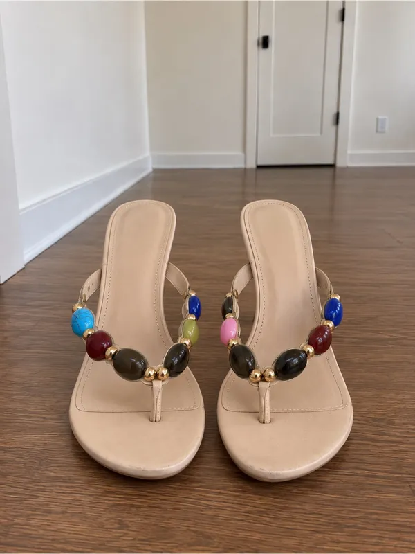 Multicolor Beaded Nude Stiletto Sandals - Image 2