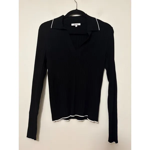 Madewell Womens Black‎ Ribbed Knit Tipped V-Neck Polo Sweater Size L - Image 2