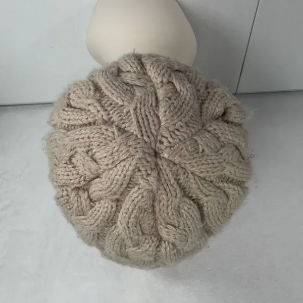 Y2K Adidas OSFM Visor Beanie Tan Cable Knit Fleece Lined Leather Logo Hat - Image 6