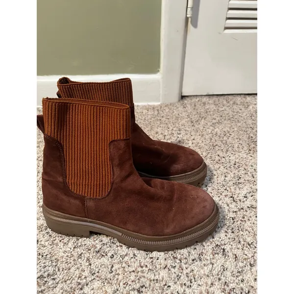 Women's Side 8 Boots Faux Suede Tan Brown Ribbed Mid-Calf Pull On Stretch - Image 6