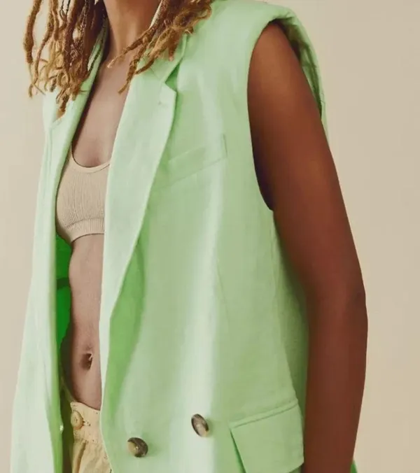 We the Free Green Light Lime Bright Young Things Linen Blazer Vest Large New - Image 15