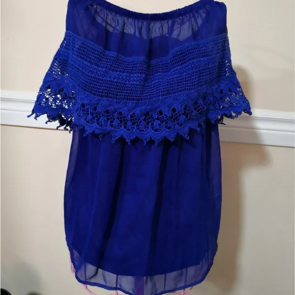 Gameday By Chloe Blue Strapless Boatneck Lace Top Mini Dress S Rainbowcore Twee - Image 6