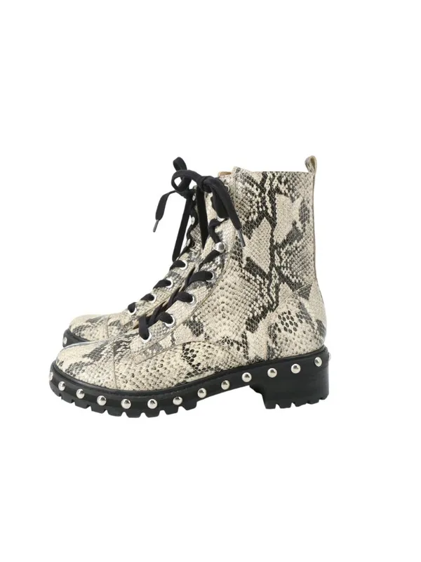 Schutz Andrea Studded Snakeskin Print Leather Zip Up Wedge Black Combat Boots 9 - Image 3