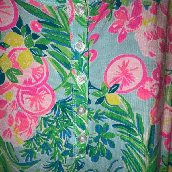 Lilly Pulitzer XL Henley Top Long Sleeve Tropical Floral Citrus Print Blue Pink - Image 3