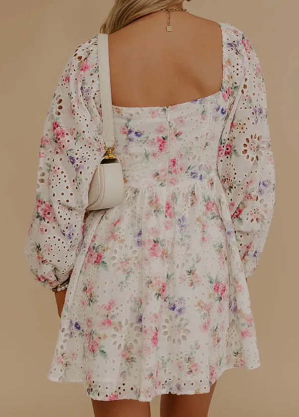 Boutique Printed Floral Eyelet Mini Dress - Image 4