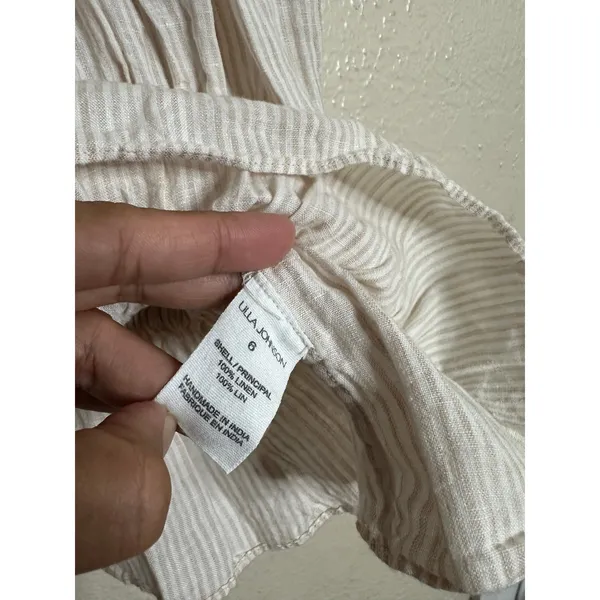 Ulla Johnson 100% Linen Ruffle Sleeve Smocked Peplum Top Ivory Stripe size 6 - Image 6