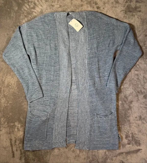 Linda Matthews Open Front Knit Cardigan Light Blue Large NWT Longline Pockets - Image 2