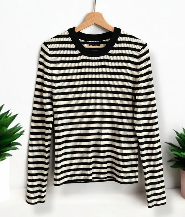 GAP Brooklyn Rib Knit Striped Crew Sweater - Black/Ivory/Gold - Image 5