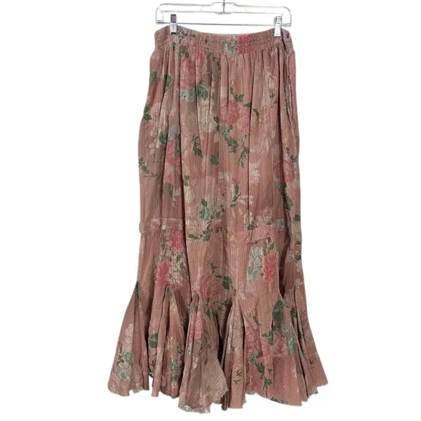 Free People Ethereal Dainty Cottage Prairie Bordeaux Floral Maxi Skirt Large - Image 9
