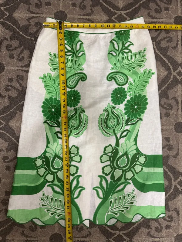 FARM RIO Women’s Midi Skirt White Green Floral Festival Linen Size Large - Image 11