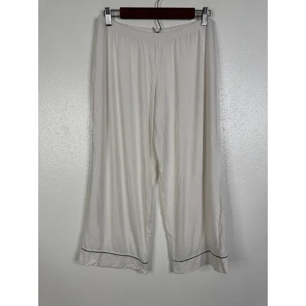 Eberjey Gisele Pajama Set White Navy Piping Modal Short Sleeve Top Crop Pants M - Image 5