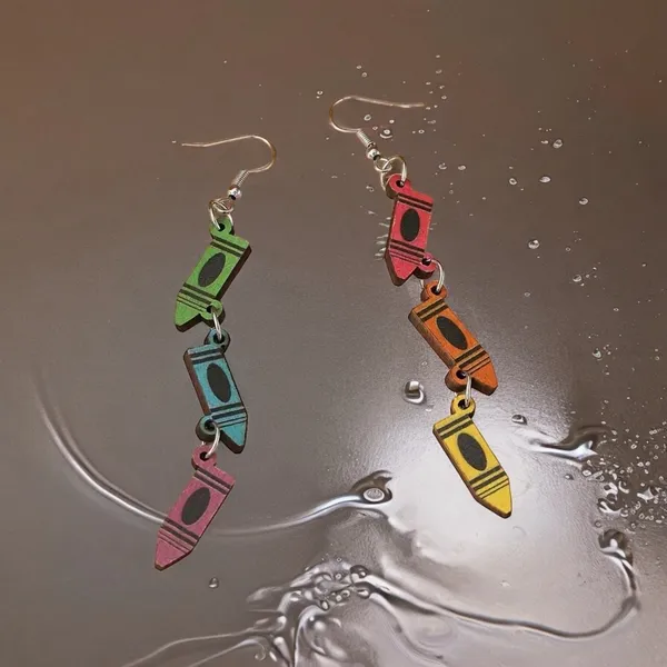Boho Mismatched Asymmetrical Whimsical Novelty Style‎ Crayon Teacher Earrings - Image 3