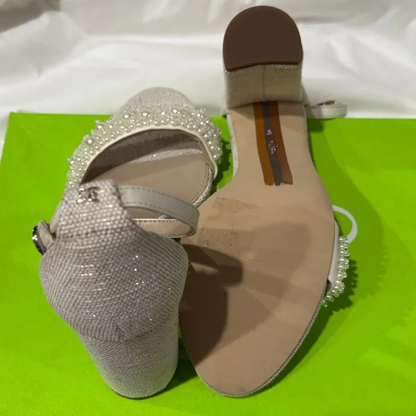 NEW Sam Edelman Sz‎ 8Yaro Perla Open Toe Silk Tweed 4” Dazzling Heels Tan - Image 12