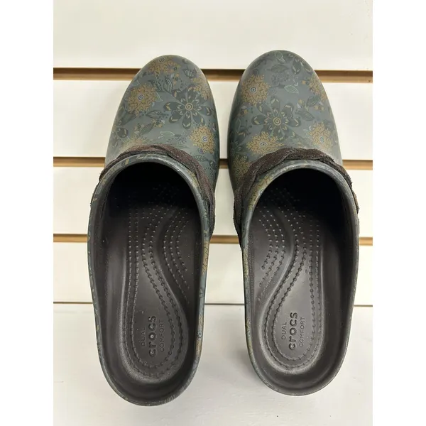 CROCS Dual Comfort Clog Slide Blue Brown Floral Womens Size 7 Heels Comfort Boho - Image 9