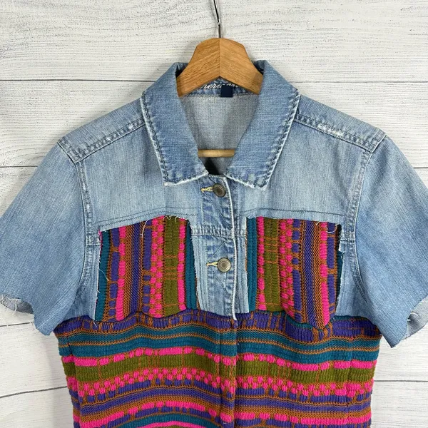 Vintage Womens size XL Handmade Reworked Denim Jean Knit Cardigan Jacket - Image 3