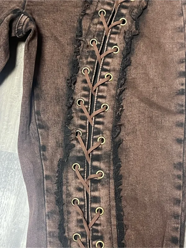 AKIRA Label Kat Brown Lace Up Distressed Slim Flare Jeans Size Small - Image 5