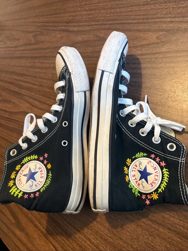 Converse Men 7 Women 9 Black High Top Sneakers Pink & Yellow Floral Embroidery - Image 3