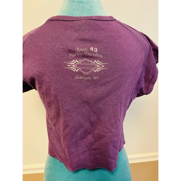 Vintage 90s Harley Davidson Cut-Off Glitter Crop Top Sheboygan WI Women's - Image 4