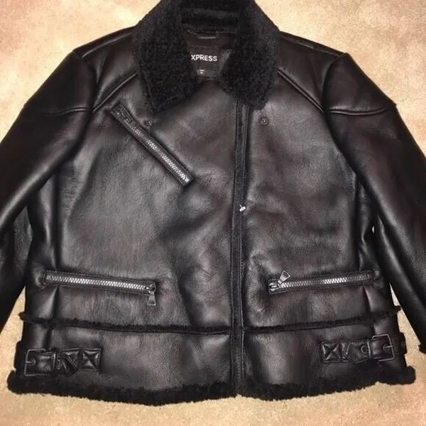 NEW Express black faux fur shearling Moto coat Sz XS Faux Leather Zipper chic - Image 4