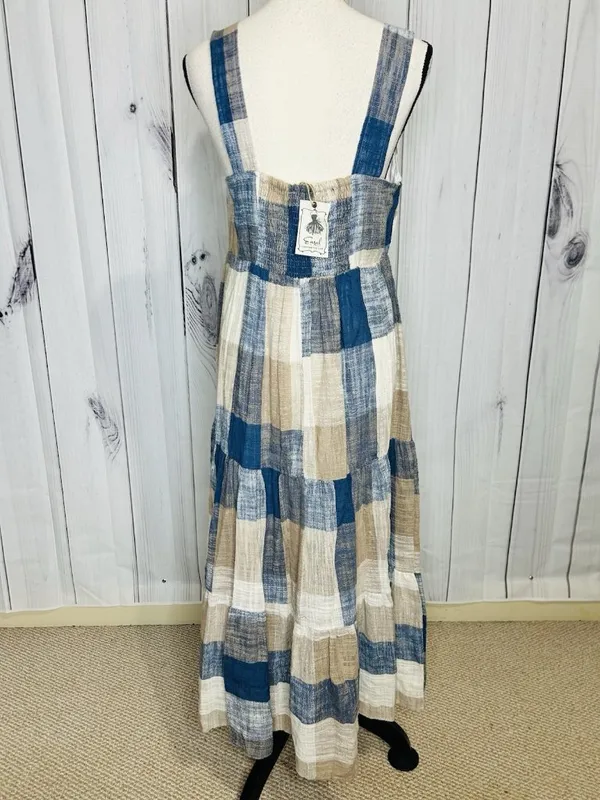 Easel Los Angeles Patchwork Midi Dress Womens Sz L Blue Tan Boho Textured NWT - Image 8