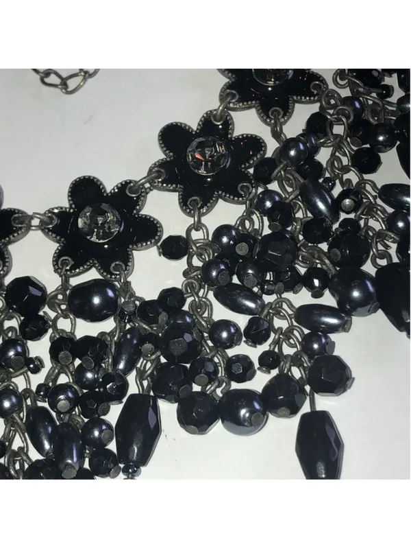 Gunmetal Gray Dark Black Metal Floral Beaded Boho Statement Necklace - Image 5