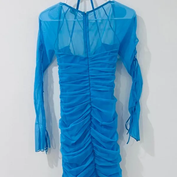 Oh Polly Blue Ruched Mesh Mini Dress US 6 Y2K Bodycon Sheer Sleeve Party - Image 6