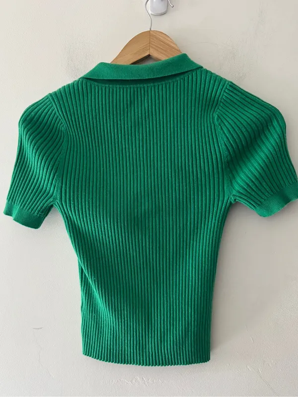 NEW!! Aerie‎ Green Ribbed Cropped Sweater Polo Wool Blend - Image 4