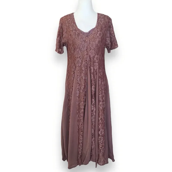 Vintage‎ 90s Brown Floral Lace Chiffon Panel Midi Dress Small Romantic Sheer - Image 2