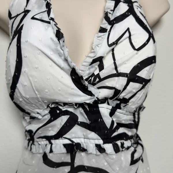 VTG y2k BCX Women Halter Neck Babydoll Top Large White Cotton Black Floral Party - Image 3
