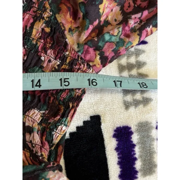 Maurices Burgundy/Green Floral Long‎ Sleeve Smocked V Neck Ruffle Blouse Size M - Image 7