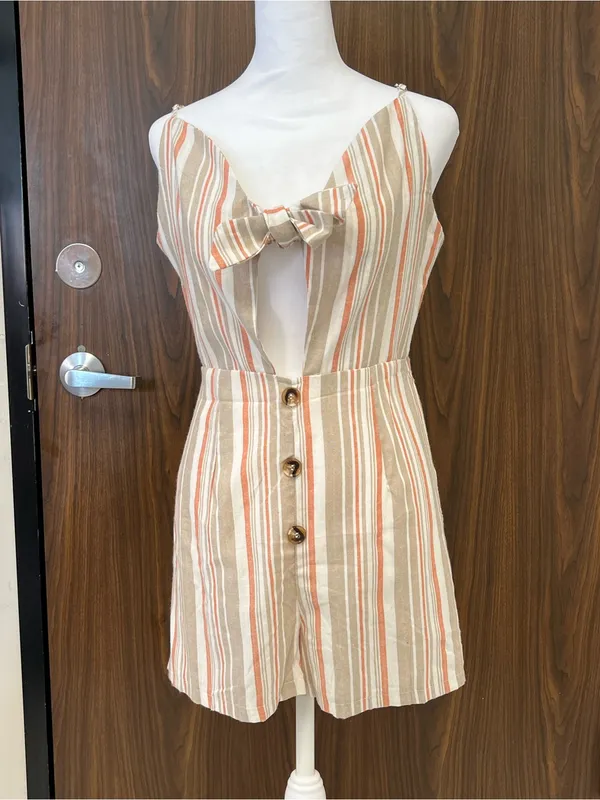 Cupshe Cream and Rust Striped Tie-Front Romper - Image 6