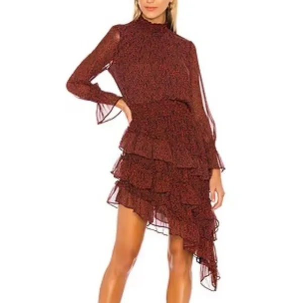 Misa Los Angeles Savanna Asymmetrical Ruffle Mini Dress Red Banana Leaf Small - Image 4