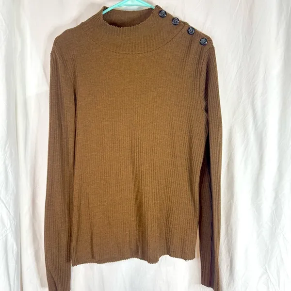 Sanctuary Woman’s Brown Ribbed Mock Neck Sweater with Button Detail — Size XL - Image 3