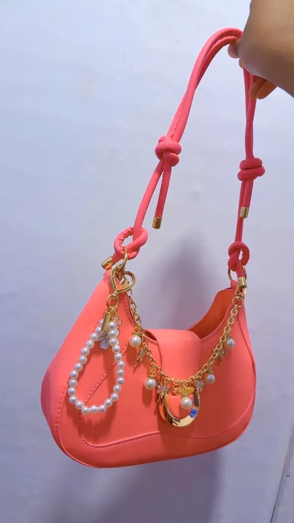 Pink Shoulder Bag Hobo Purse Pearl Charm Chain Strap Gold Tone Hardware - Image 4
