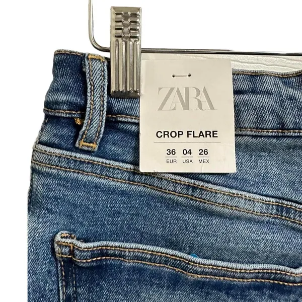 ZARA Women's Mid-Rise Cropped Flared Denim Frayed Hem Jeans Size 4 NEW - Image 7
