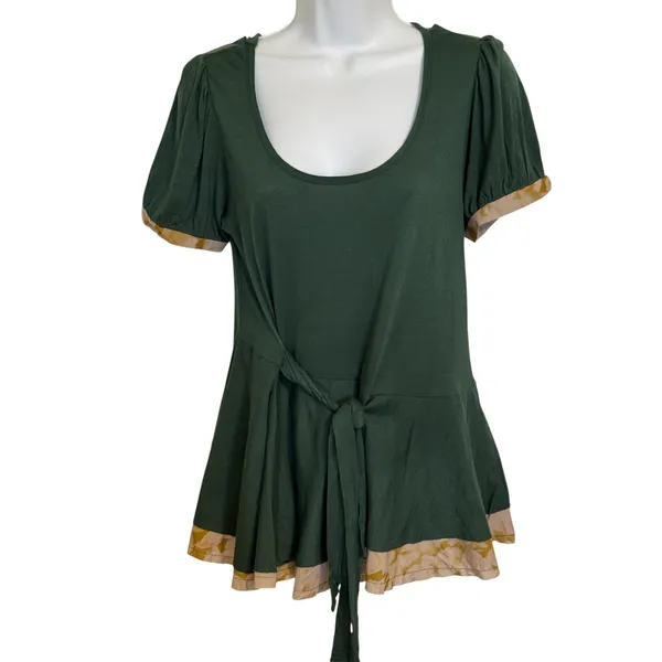 ANTHROPOLOGIE LEFT OF CENTER Forest Green Peplum‎ Tie Waist Puff Sleeve Top S - Image 2